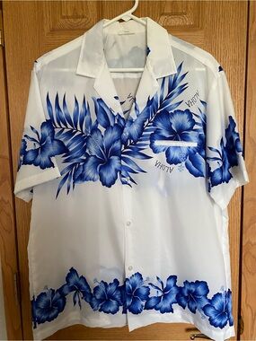 Men's White Hawaiian Shirt with Blue Floral Print